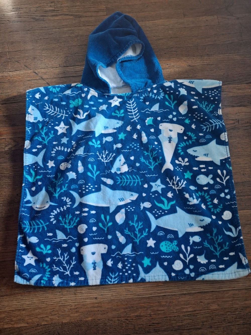 Kids Hooded Towel Poncho - Blue Shark & Ocean Print